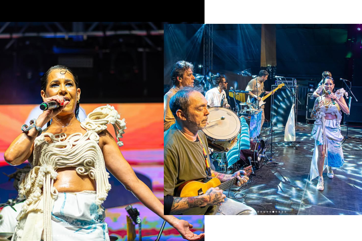 Tati Veras (com o figurino) e o grupo Raiz do Sana no palco do Espaço Viva em Macaé. (Foto Leandro Foca)