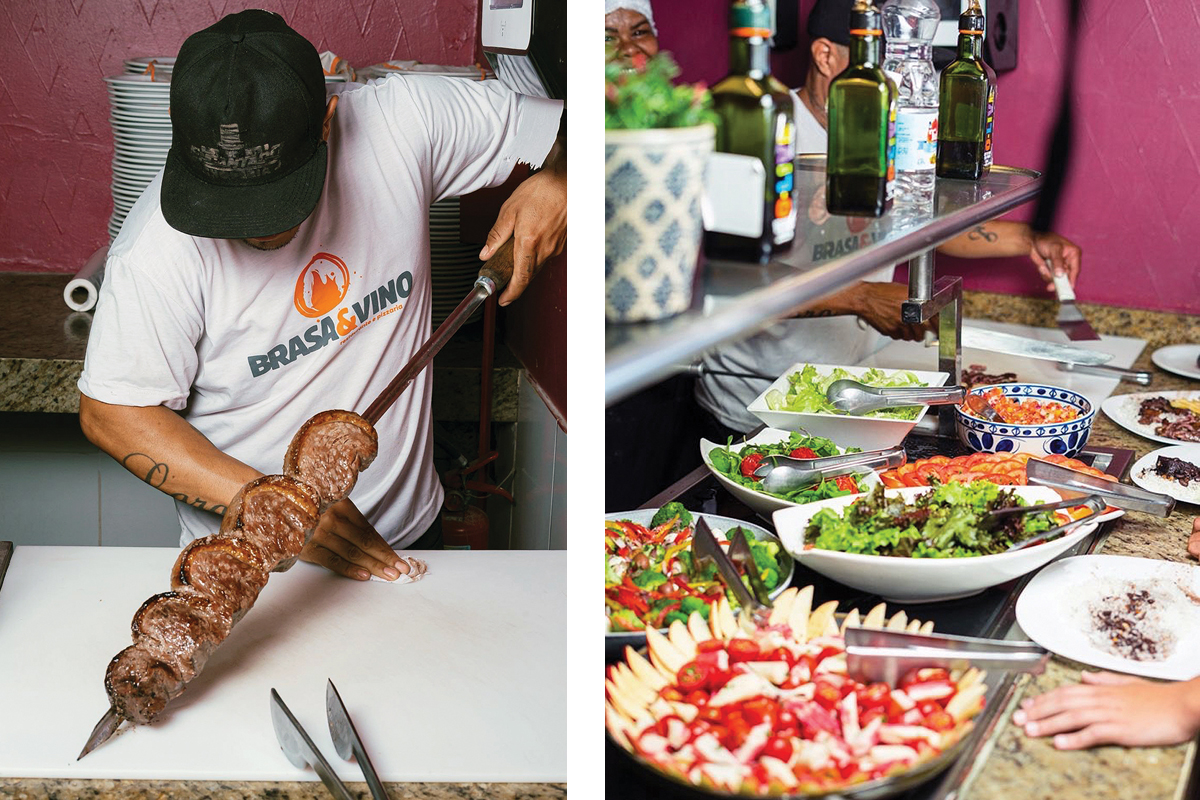 A estação de churrasco oferece carnes nobres, com cortes especiais, preparados e sevidos com todo o cuidado.